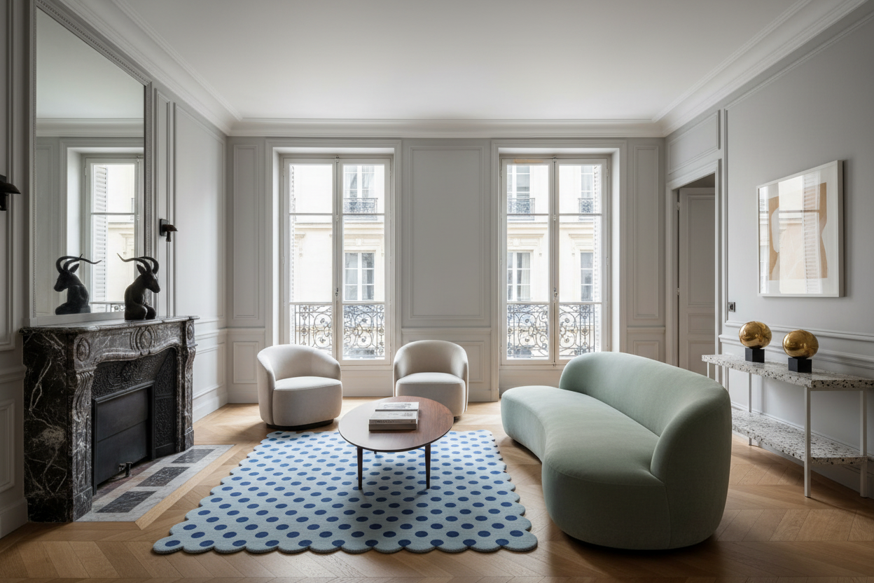 Modern living room with a fireplace, sofa, polka dot blue scallop rug, and armchairs.