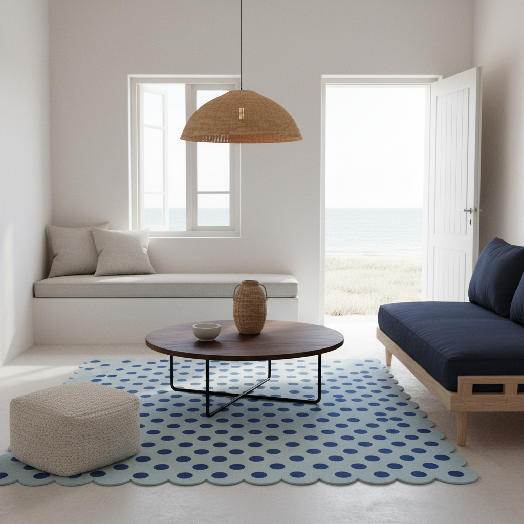 A modern coastal living room scene with a light blue and navy polka-dot rug, a round dark wood coffee table, a woven pendant light, a white built-in bench, and a navy blue sofa. An open door reveals a bright beach view, and a textured beige ottoman sits on the floor.