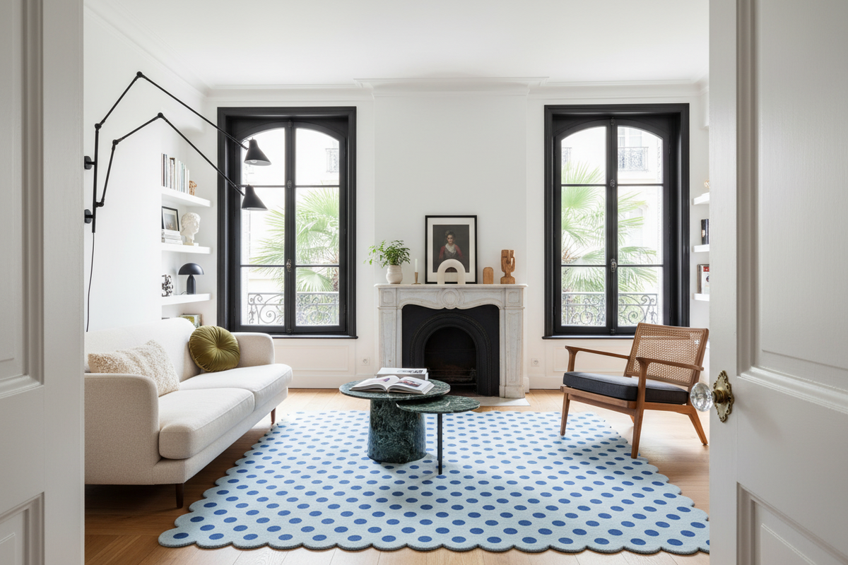 Modern living room with a polka dot scallop blue rug, white sofa, and wooden chair.