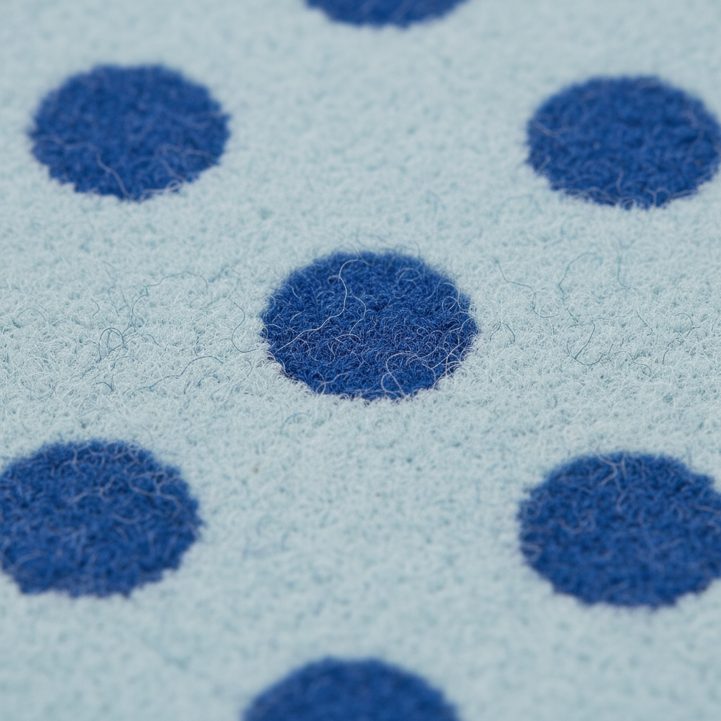 A close-up of a textured fabric or carpet pattern featuring dark blue circular polka dots on a light blue background.