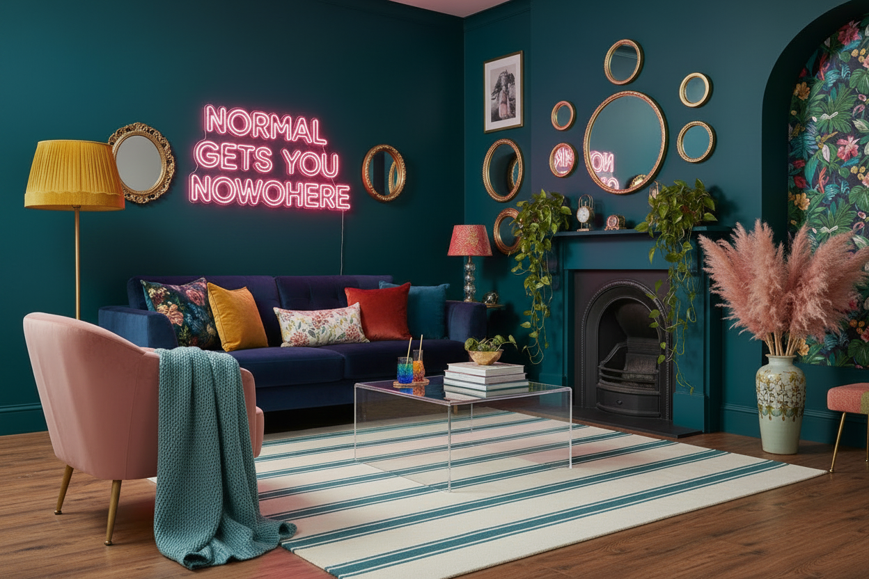 Modern living room with teal walls, a blue sofa, pink chair, and decorative elements.