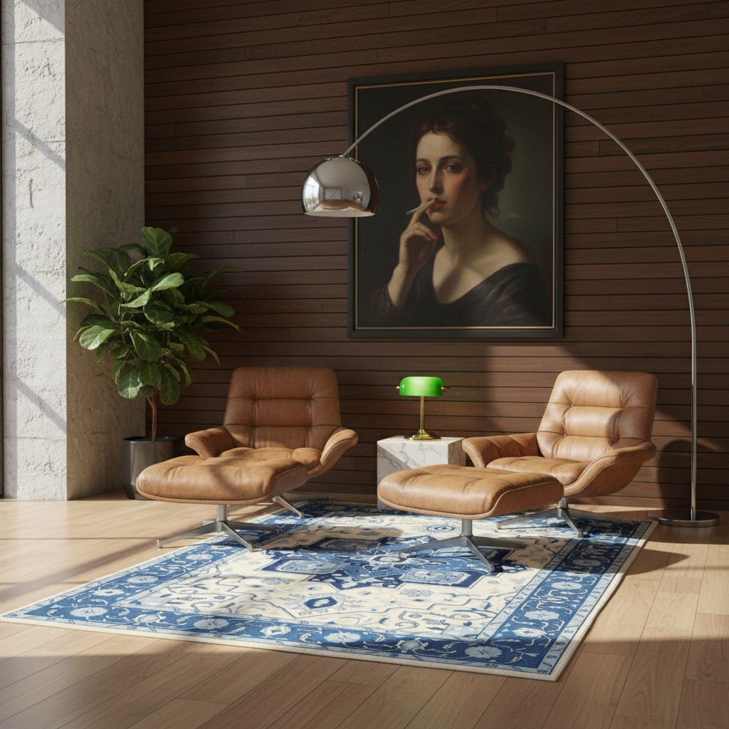 A modern living room scene with two tan leather lounge chairs and matching ottomans arranged on a blue-and-white patterned rug. A large framed portrait hangs on the dark wood-paneled wall, with a silver floor lamp, green table lamp, plant, and concrete column visible.