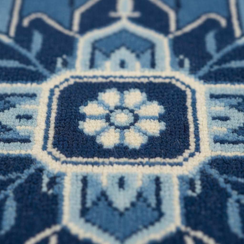 Close-up of a textured woven rug with a geometric medallion pattern in navy blue, light blue, and off-white.