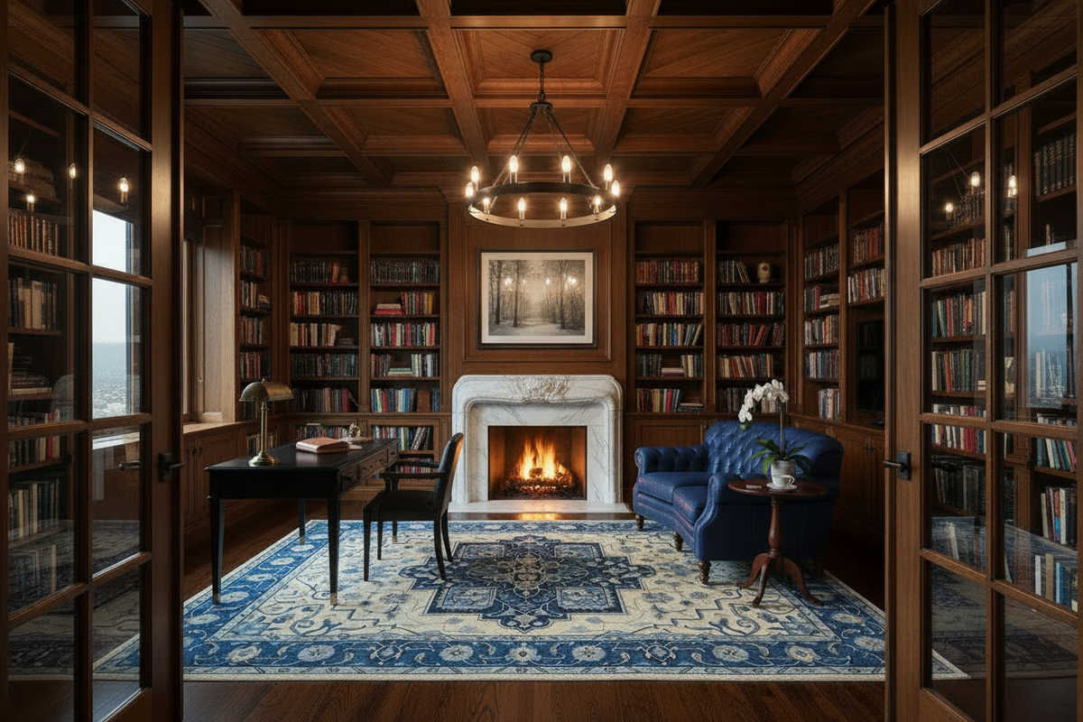 Luxurious library with bookshelves, blue rug, fireplace, and blue sofa.