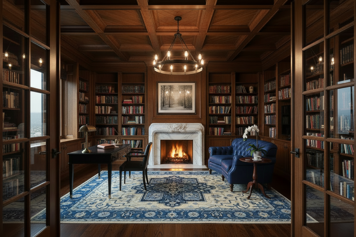 Luxurious library with bookshelves, blue rug, fireplace, and blue sofa.