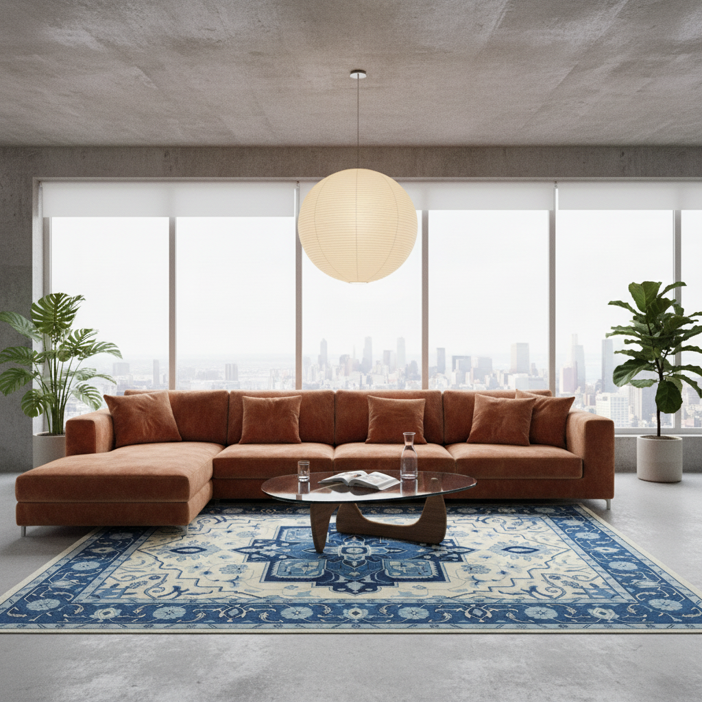 A modern living room featuring a large rust-brown sectional sofa with a chaise, styled on a blue and cream patterned area rug. The room has a concrete ceiling and floor, large windows overlooking a city skyline, and a spherical pendant light hanging above the sofa.