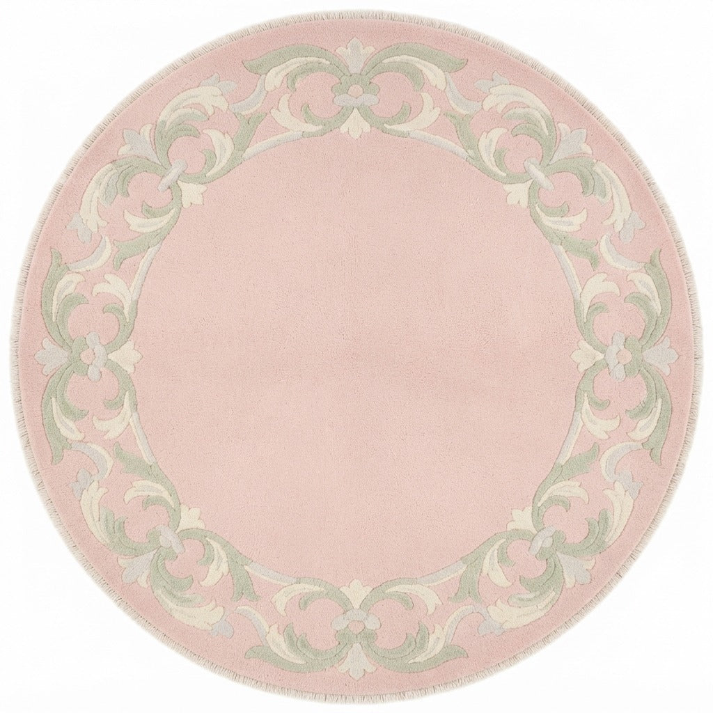 Blush Scroll Halo Round Hand Knotted Rug - studio photo