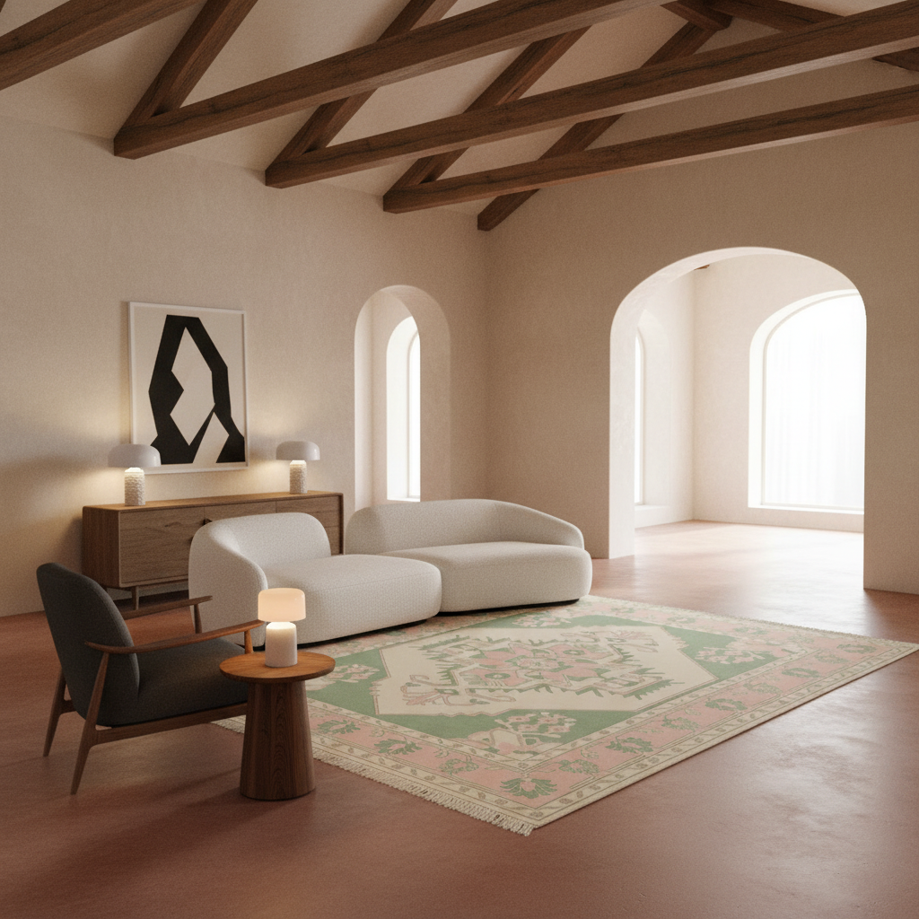 A styled interior room with a cream curved sofa, dark gray armchair, wooden side table, and a large patterned area rug on a terracotta floor. The room has exposed dark wood ceiling beams, arched windows, and a minimalist black-and-white wall art piece.