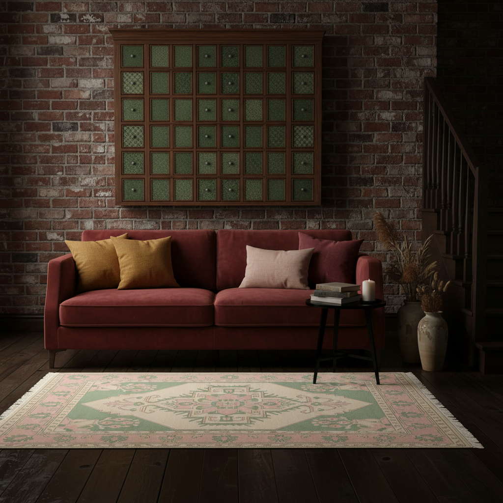 A styled living room scene featuring a rectangular area rug with a traditional geometric pattern in sage green, beige, and dusty pink. The rug is placed on a dark wood floor in front of a red velvet sofa, with a brick wall and a wooden decorative screen behind it.