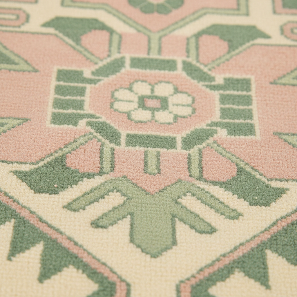 Close-up of a patterned rug with a geometric medallion design in soft pink, sage green, and cream.