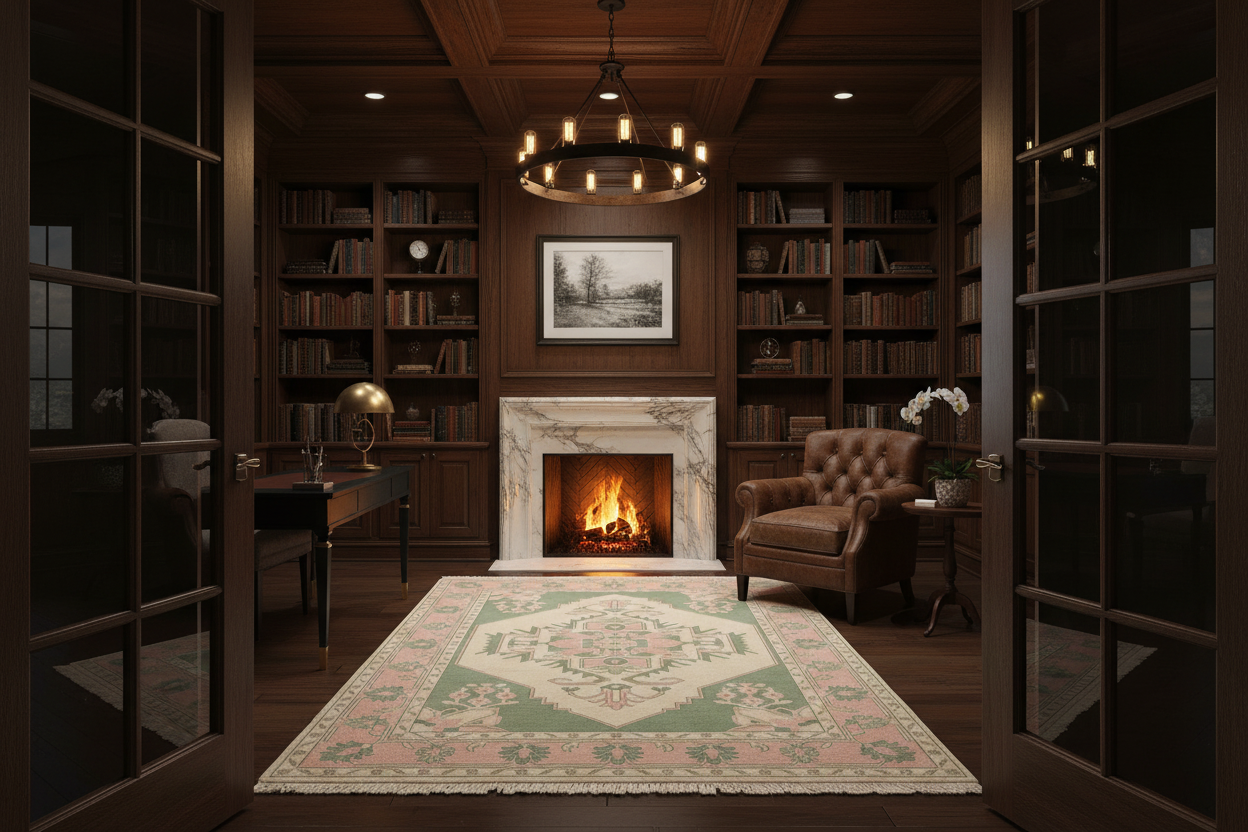 Cozy room with a fireplace, bookshelves, and a patterned rug.