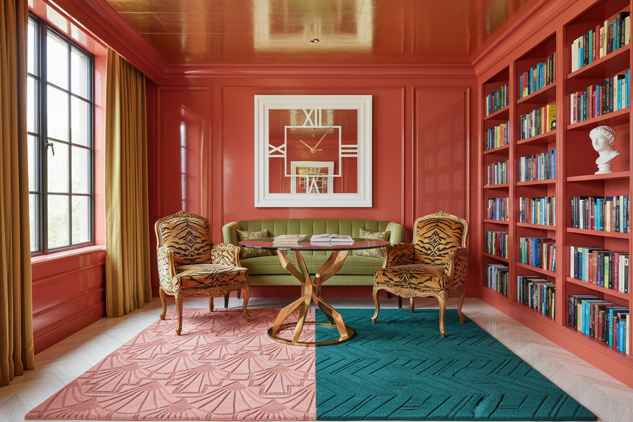 Colorful room with red walls, art deco rug, bookshelves, and a green sofa.
