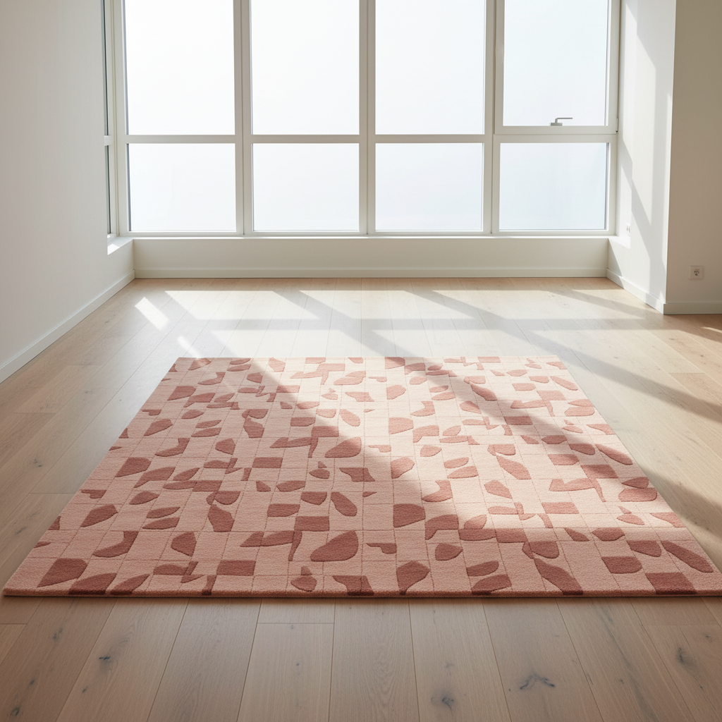 Pink patterned rug on a wooden floor with large windows allowing natural light.