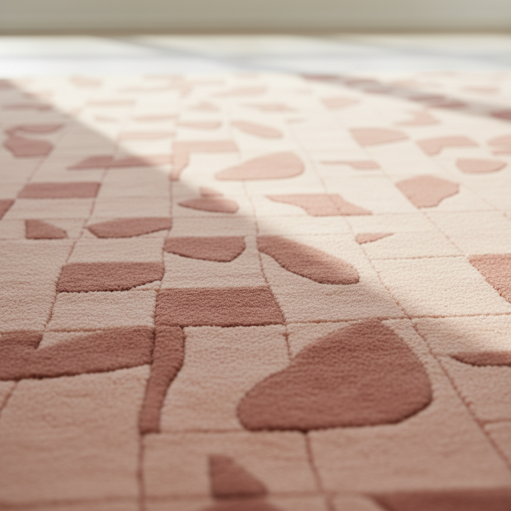 A close-up of a textured area rug with a terrazzo-style pattern in dusty pink and beige, shown with soft diagonal shadows.