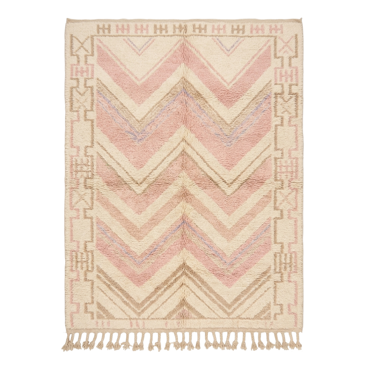 Decorative rug with chevron pattern and tassels on a white background