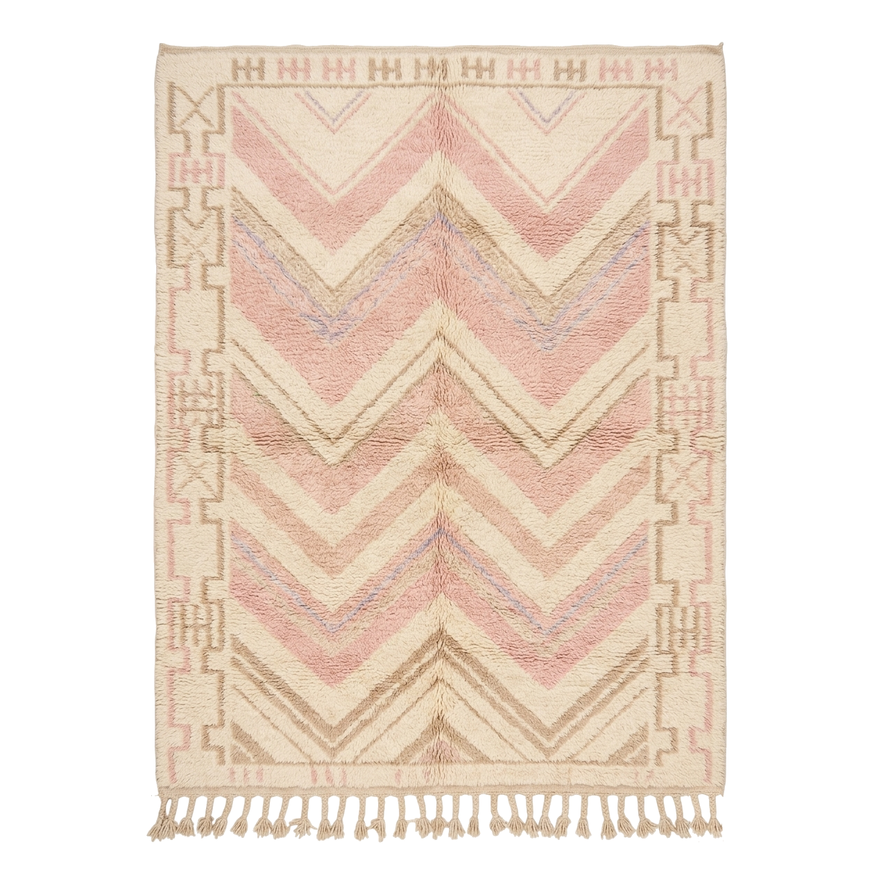 Decorative rug with chevron pattern and tassels on a white background