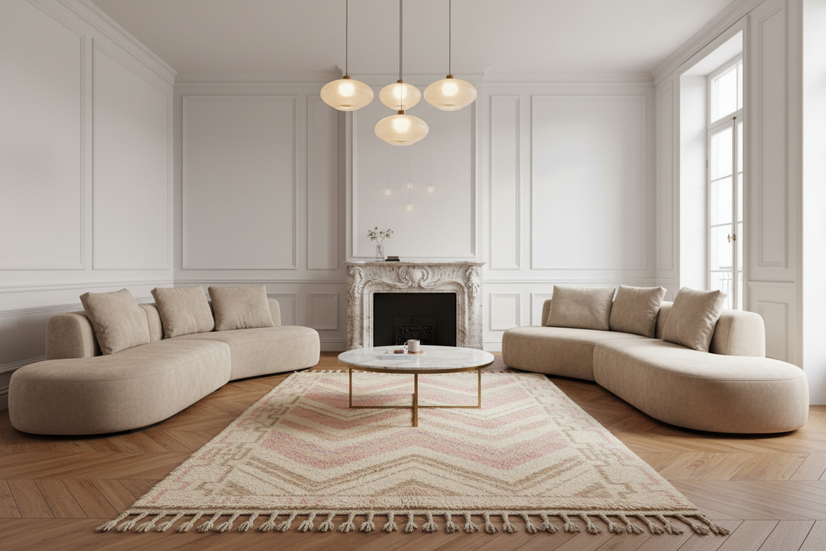 A modern living room featuring two curved beige sectional sofas facing a round coffee table on a patterned chevron rug. The room has white paneled walls, a white marble fireplace, herringbone wood floors, and three hanging pendant lights.