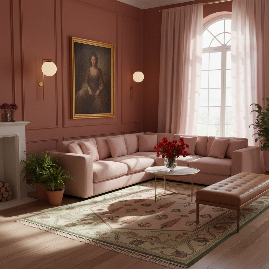 A styled living room featuring a light blush pink U-shaped sectional sofa, a matching tufted bench, a patterned beige and green area rug, and a round white coffee table with red flowers. The room has dusty rose walls with gold wall sconces, a framed portrait, and a large arched window with sheer curtains.