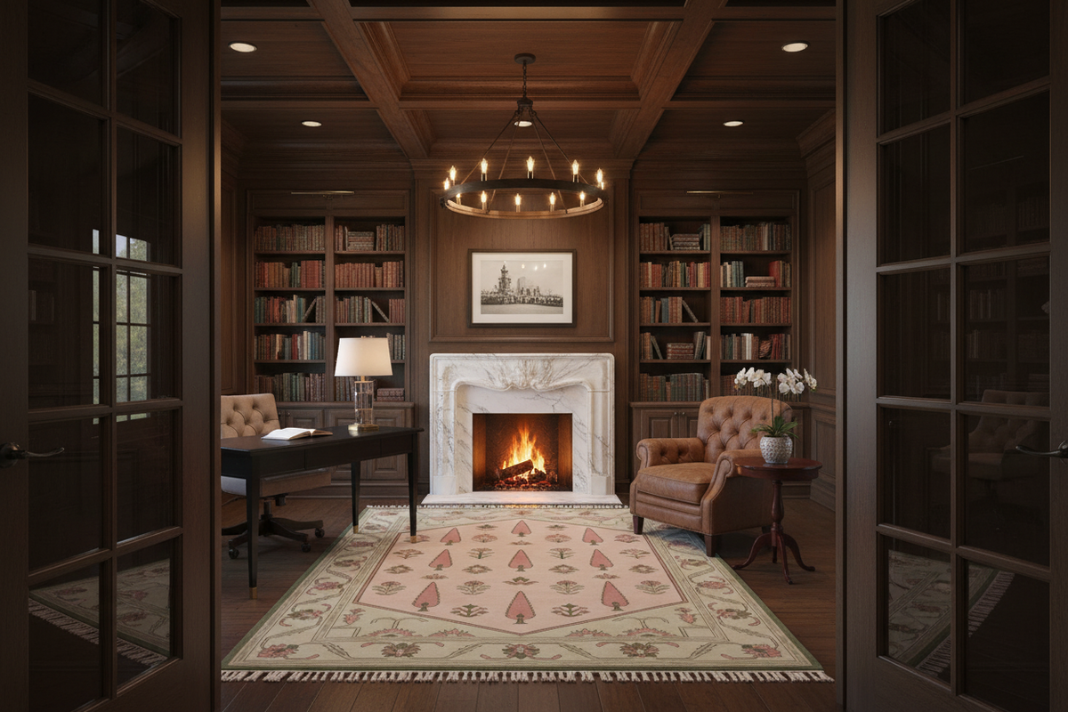Cozy living room with fireplace, traditional handmade rug, bookshelves, and armchair.