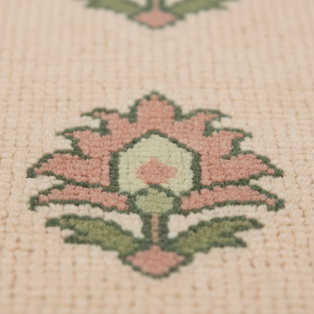 Close-up of a woven textile with a floral motif in dusty pink, sage green, and cream on a warm beige background.