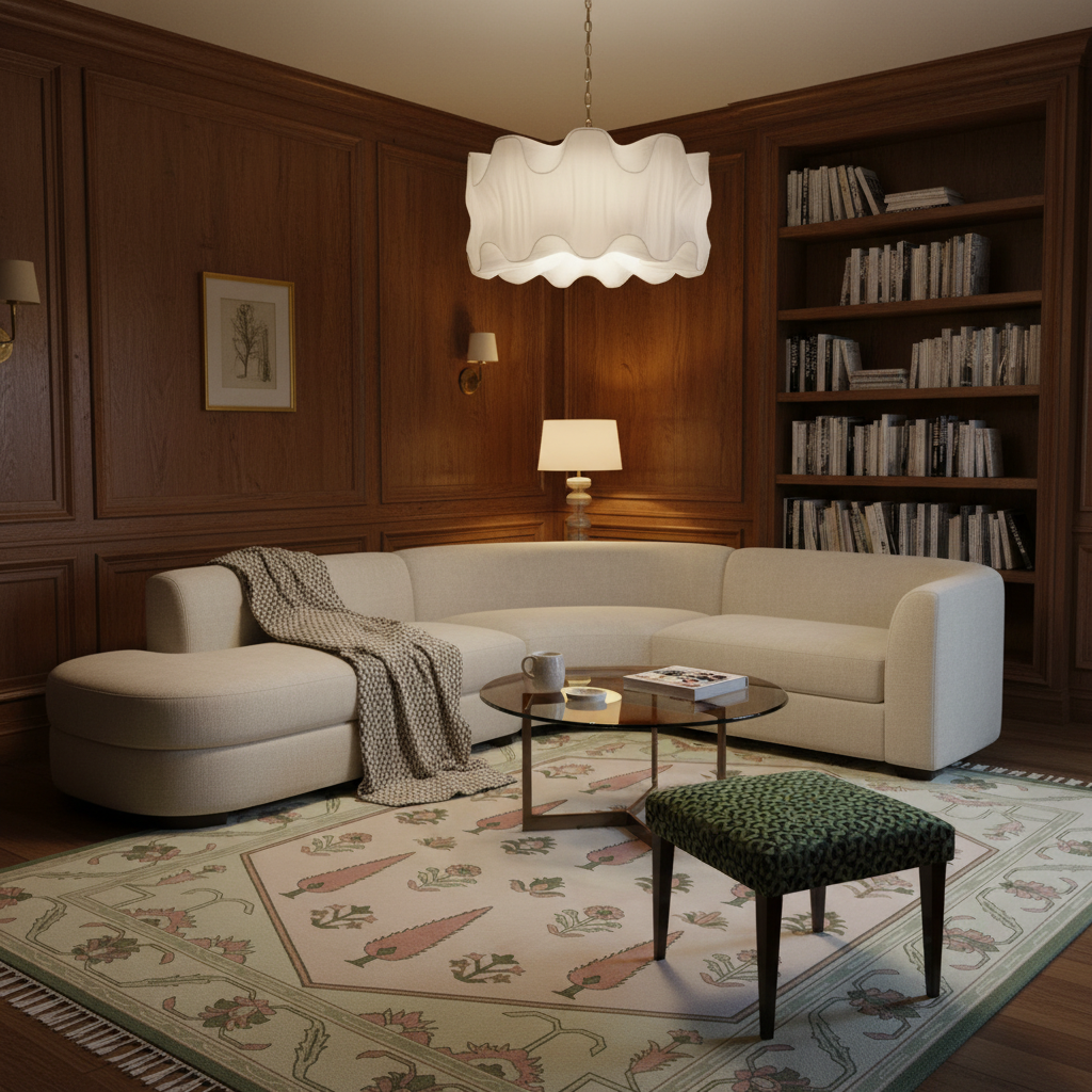 A modern curved white sectional sofa in a richly decorated wood-paneled room, styled with a patterned throw blanket, a round glass-top coffee table, a green patterned stool, and a large decorative rug.