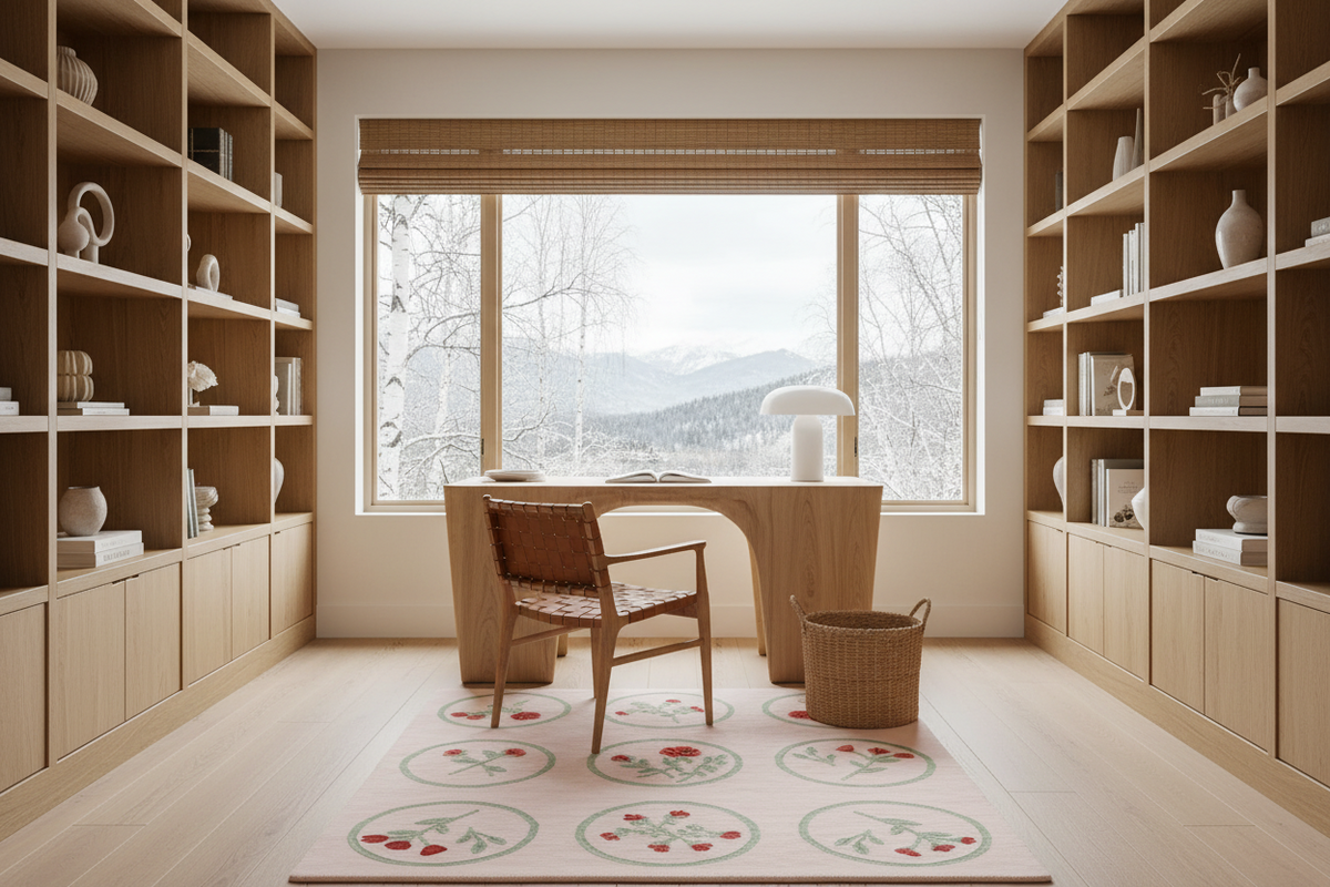 Modern home office with wooden bookshelves, a desk, floral pink rug, and a large window with a view of trees and mountains.