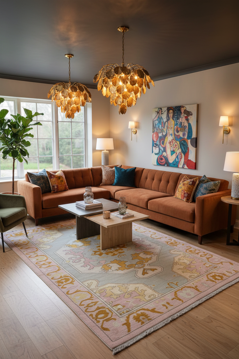 A styled living room featuring a terracotta-brown sectional sofa with colorful patterned throw pillows, a large beige and pink patterned area rug, a light wood coffee table, and two distinctive gold leaf chandeliers hanging from a dark ceiling.