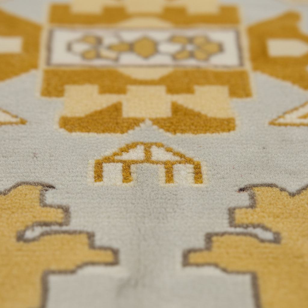 Close-up of a textured rug with a geometric pattern in mustard yellow, cream, and light gray.
