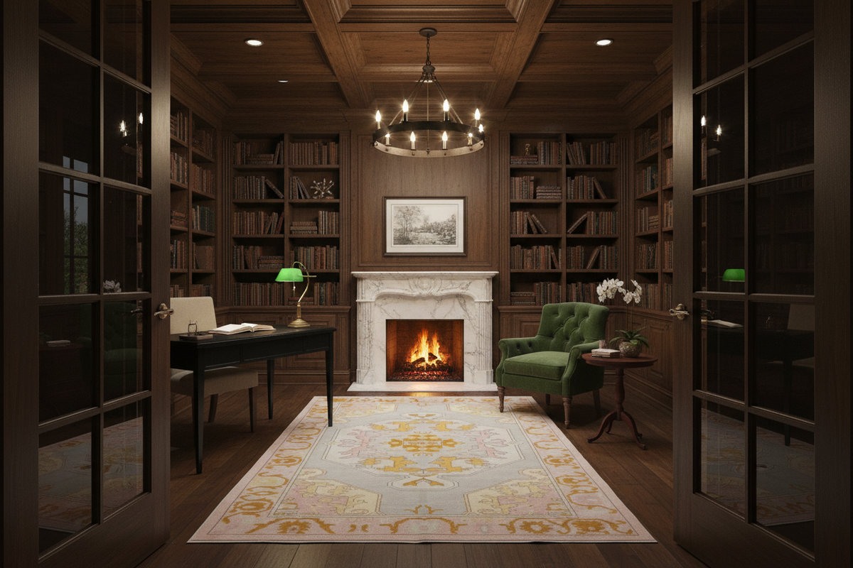 Cozy living room with bookshelves, traditional knotted rug, fireplace, and green armchair.