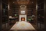 Cozy living room with bookshelves, traditional knotted rug, fireplace, and green armchair.