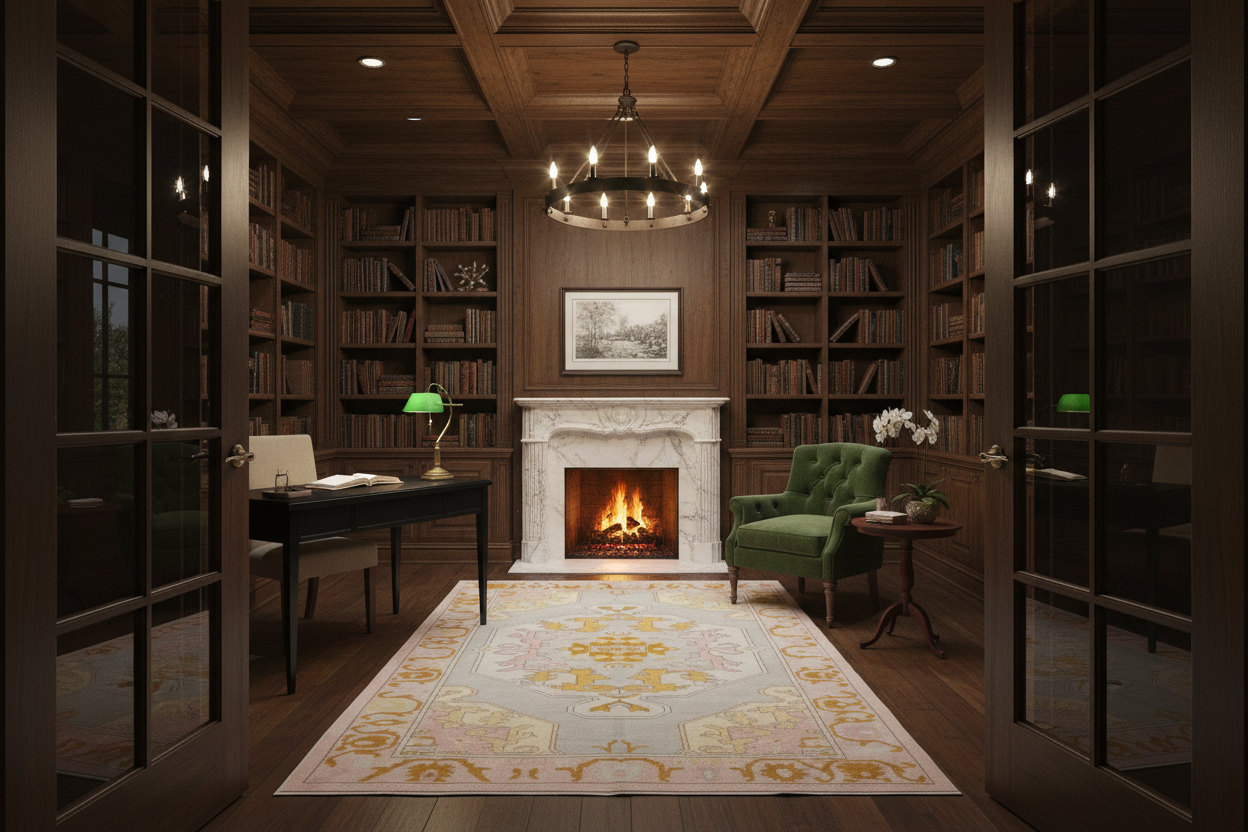 Cozy living room with bookshelves, traditional knotted rug, fireplace, and green armchair.