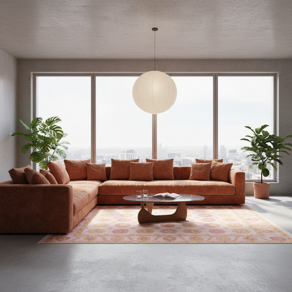 A modern sectional sofa in a warm rust-brown color, styled in a bright, contemporary living room with a patterned rug, round coffee table, and large windows overlooking a city skyline.