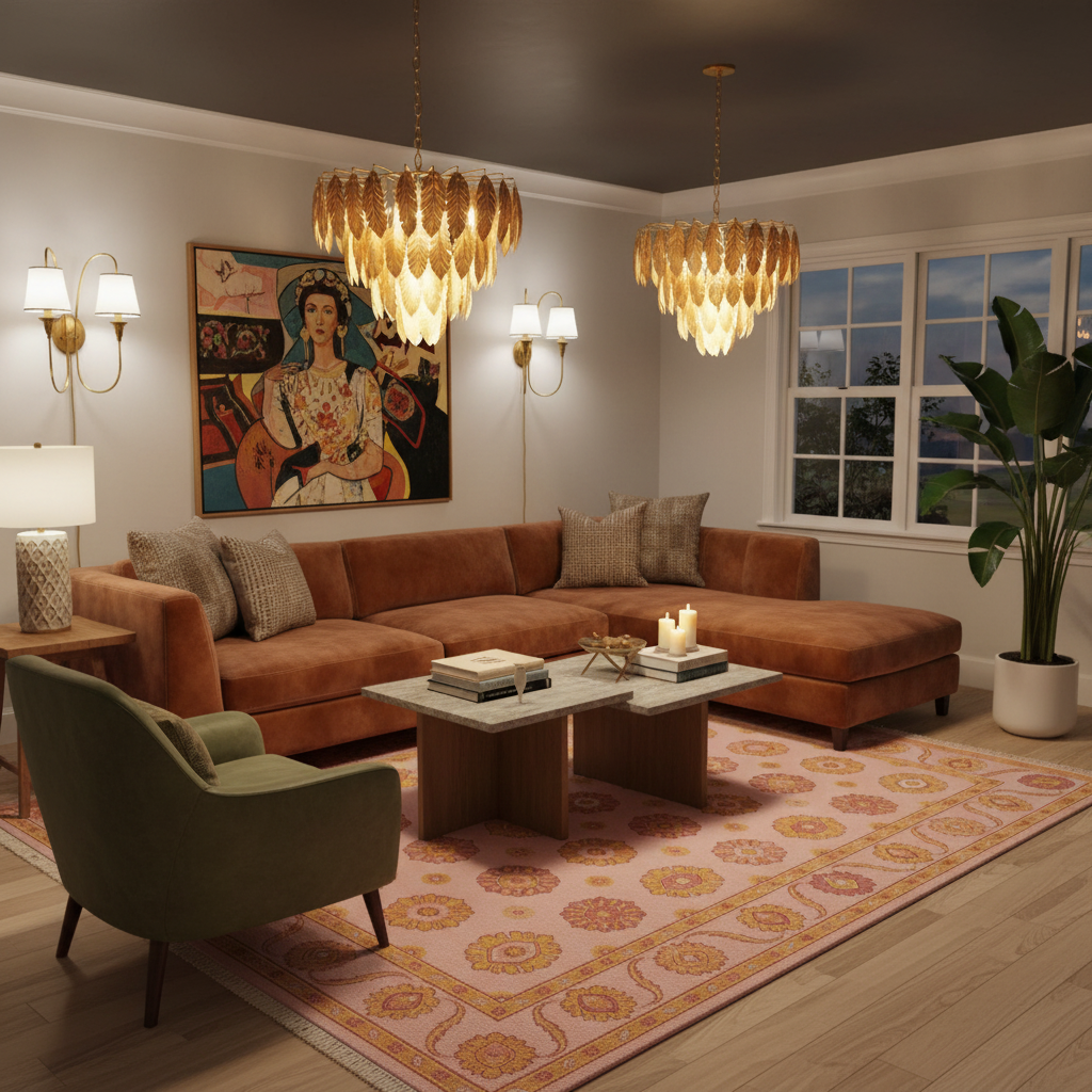 A styled living room interior featuring a large rust-brown sectional sofa, a green armchair, a pink patterned area rug, two glowing leaf-shaped chandeliers, wall sconces, and a large framed artwork on the wall.