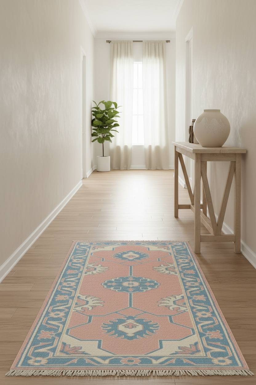 A rectangular area rug with a traditional medallion pattern in dusty pink, light blue, and cream, placed on a light wood floor in a bright hallway.