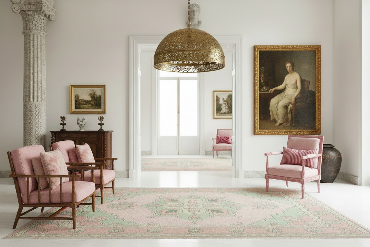 Elegant living room with pink chairs, a large rug, and classical decor elements.