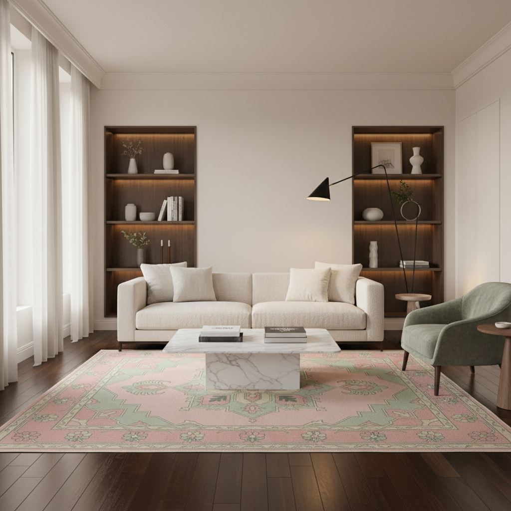 A styled living room featuring a cream-colored sofa, a white marble coffee table, a pink and green patterned area rug, a green armchair, and built-in wooden shelves with decorative items.