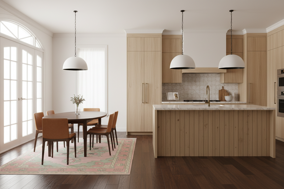Modern kitchen with pink rug, wooden cabinets, island, and dining area.