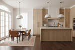 Modern kitchen with pink rug, wooden cabinets, island, and dining area.