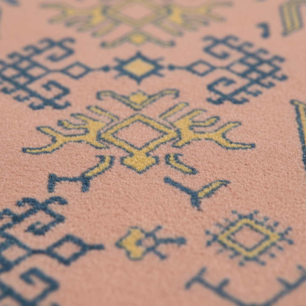 Close-up of a textured rug with a peach-pink base and geometric patterns in navy blue and mustard yellow.