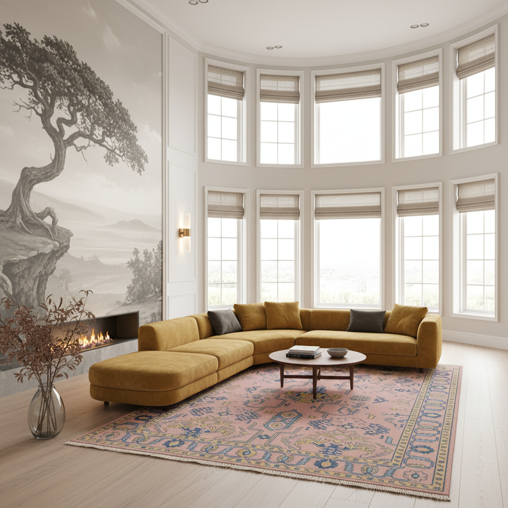 A modern living room featuring a mustard yellow sectional sofa with dark gray accent pillows, set on a pink and blue patterned area rug. The room has a large window bay, a fireplace with a black-and-white landscape mural on the wall, and a round wooden coffee table.