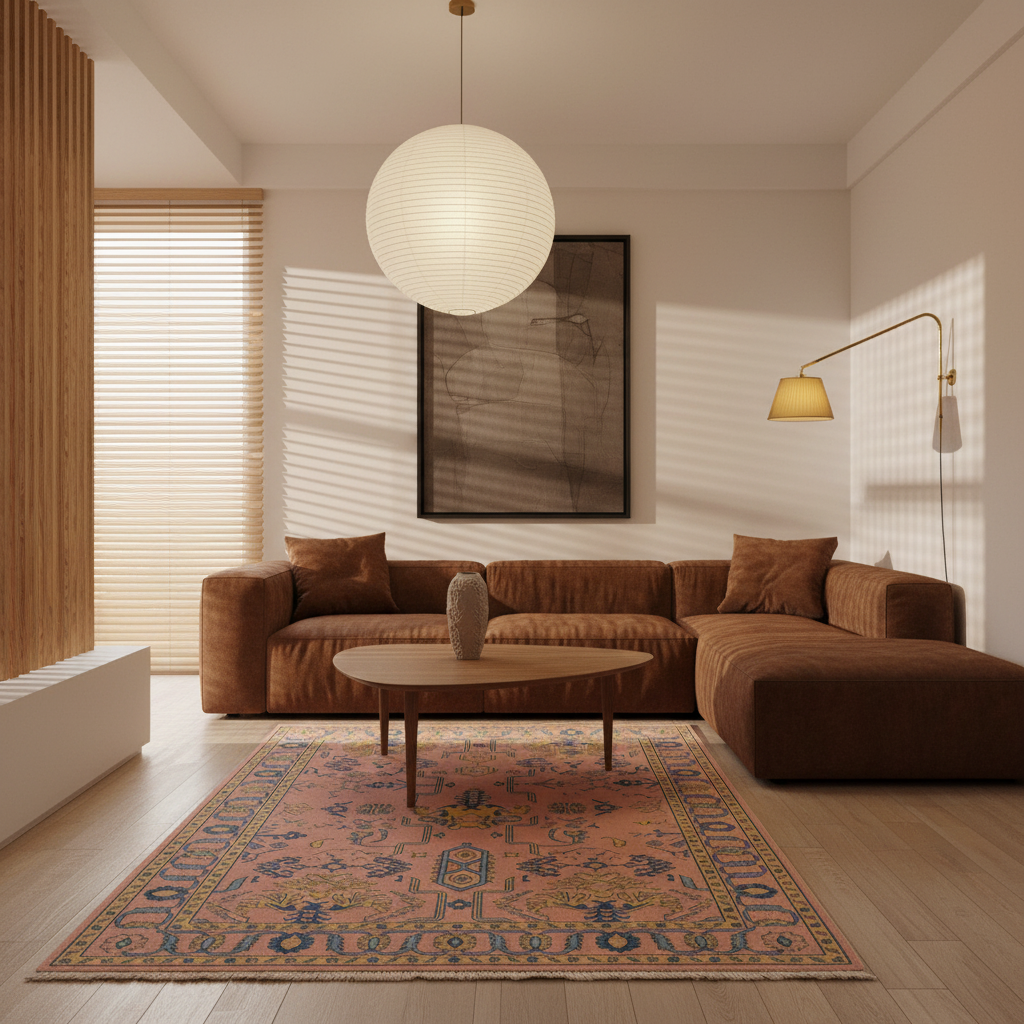 A modern living room featuring a brown sectional sofa, a round wooden coffee table, a colorful patterned area rug, and a large white paper lantern hanging from the ceiling.