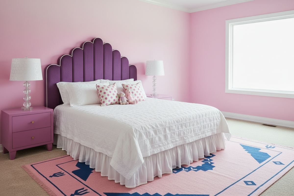 Pink bedroom with a purple headboard, white bedding, and floral curtains.