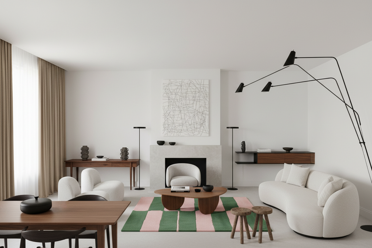 Modern living room with white furniture, a colorful rug, and minimal decor.