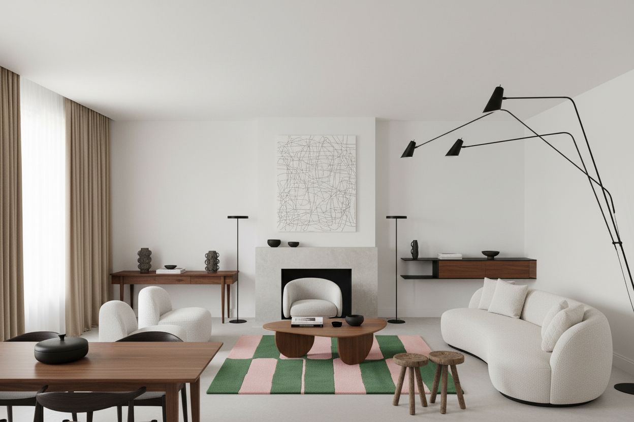 Modern living room with white furniture, a colorful rug, and minimal decor.