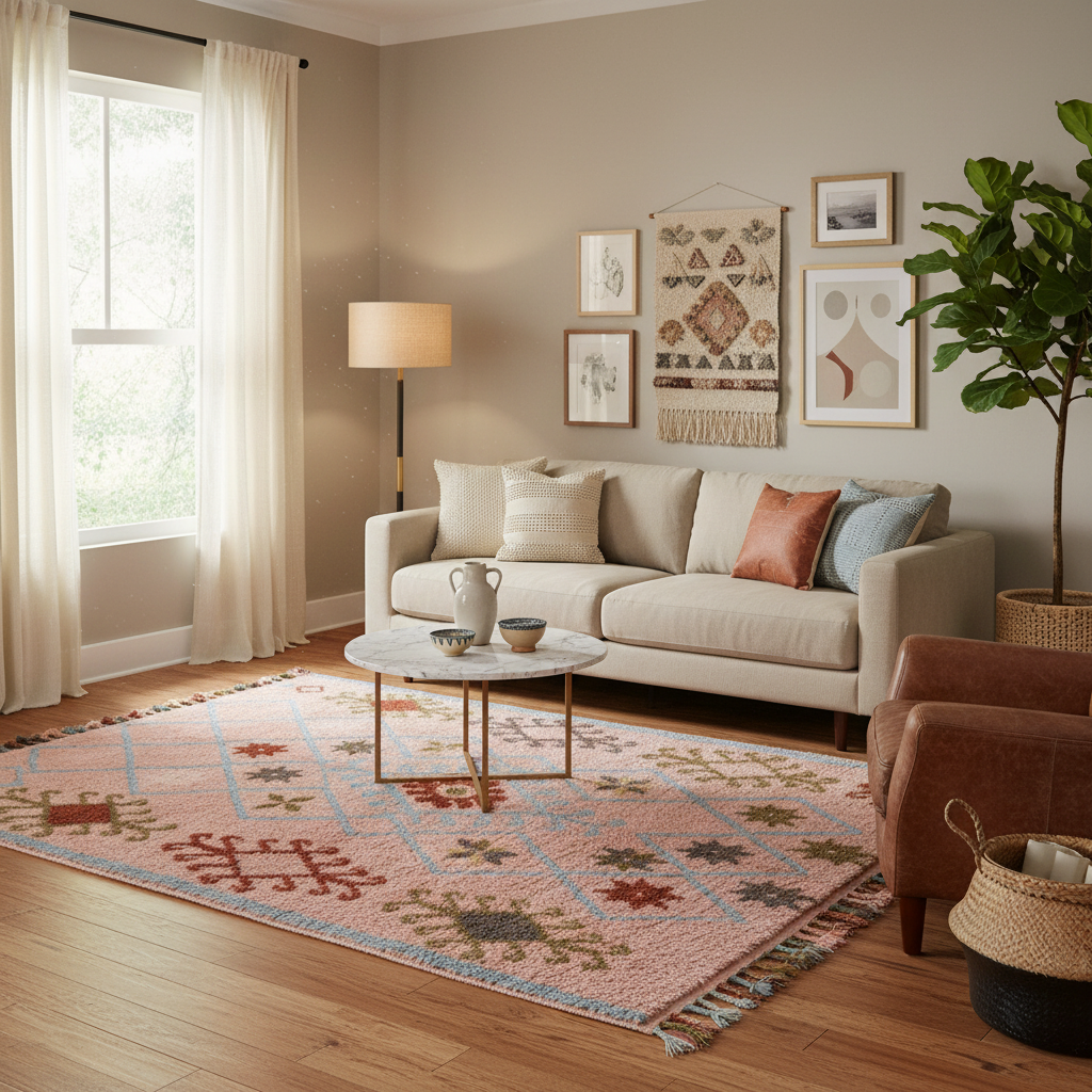 A styled living room scene featuring a light beige sofa, a pink and blue patterned area rug, a small round marble-top coffee table, a floor lamp, framed wall art, and a potted plant.
