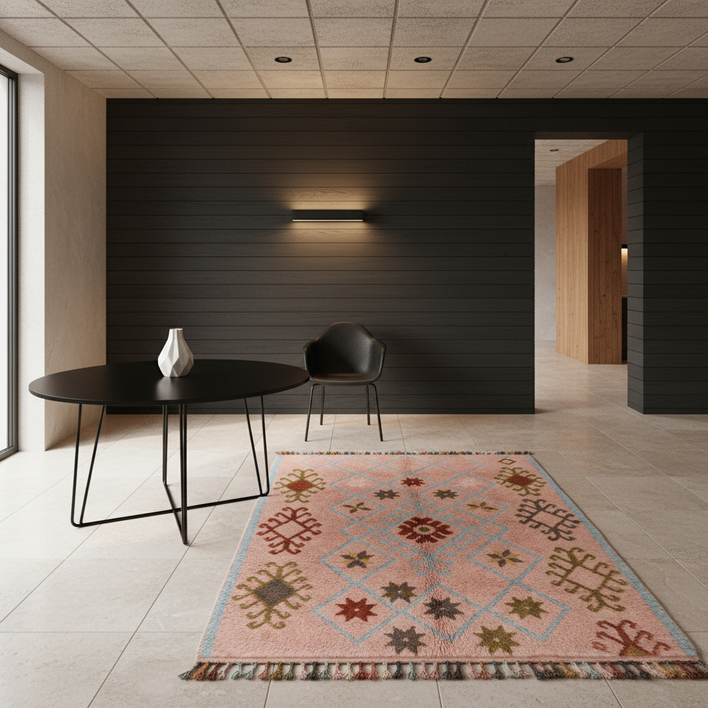A rectangular area rug with a pink base and multicolor geometric patterns, styled in a modern minimalist living room with a black wall, black table, and black chair.