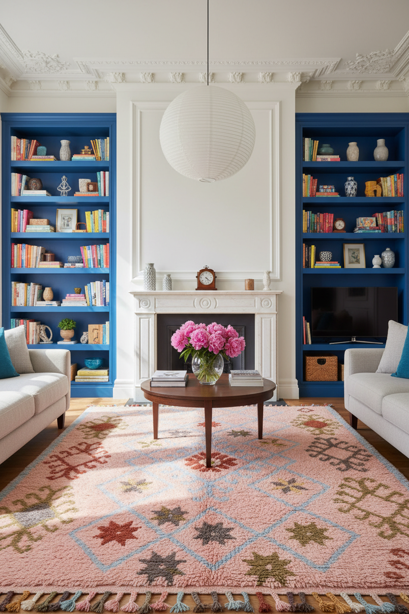 A styled living room featuring a large pink patterned area rug, a white spherical pendant light, a white fireplace, and deep blue built-in bookshelves on either side.