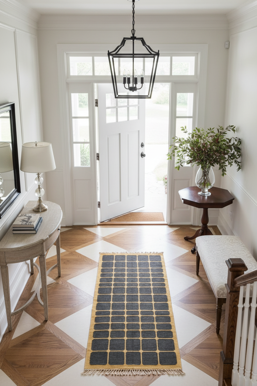 Foyer with a runner rug, side table, and bench in a home interior.