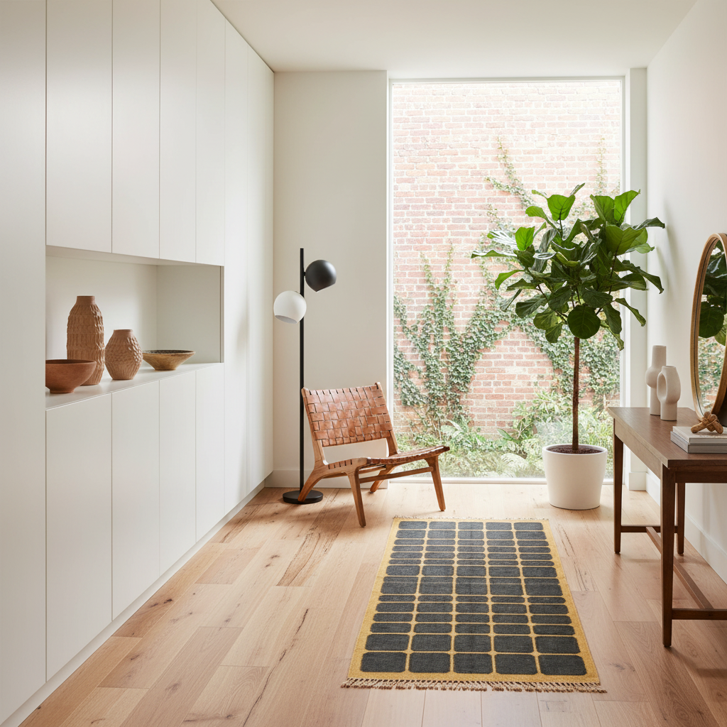 A modern interior hallway or entryway with light wood flooring, white cabinetry, a black-and-white floor lamp, a woven accent chair, a large potted fiddle-leaf fig, and a black-and-yellow patterned rug leading toward a bright window with a brick wall view.
