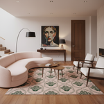 A modern living room featuring a curved blush pink sofa, a patterned beige and green rug, two mid-century modern armchairs, and a large portrait painting on the wall.